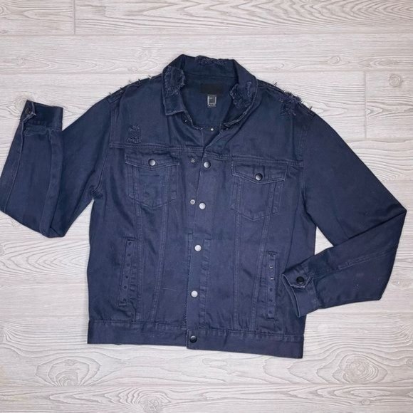 Guns and roses black denim jean jacket men’s size m upcycled distressed coat - Picture 5 of 16